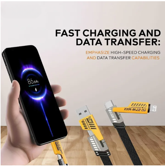 4 in 1 Data Cable – USB-C & Lightning Connectors, Braided Durable Design, Fast Charging & Data Transfer, Black with Yellow Connectors